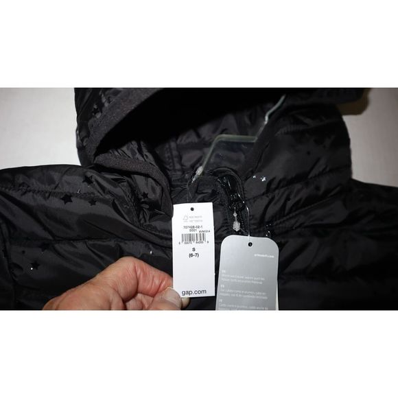 Gap Kids Girl's Sz S (6-7) Black Allover Star Print Hooded Puffer Jacket $80 - Picture 7 of 12